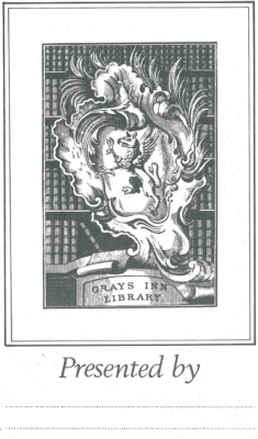 Image of commemorative bookplate featured in donations received to the library. The plate depicts the Inn’s badge, an Indian griffin segreant, originally engraved by Mr John Pyne in 1750.