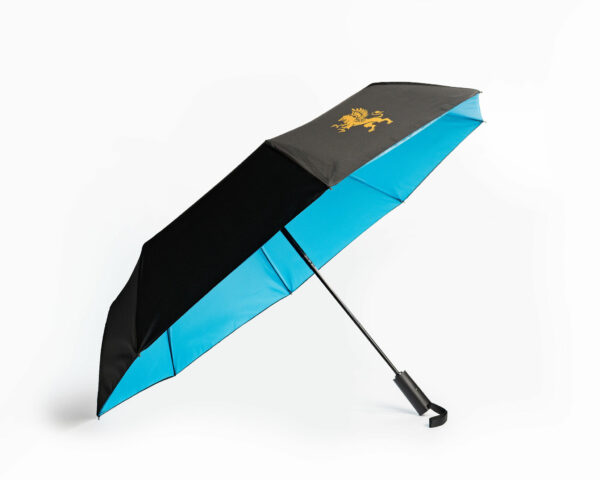 Black and blue umbrella gold logo white background