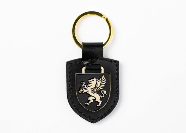 Shield keyring in black faux leather with gold enamel griffin