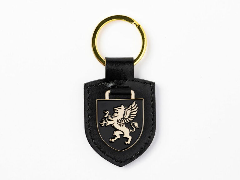Shield keyring in black faux leather with gold enamel griffin