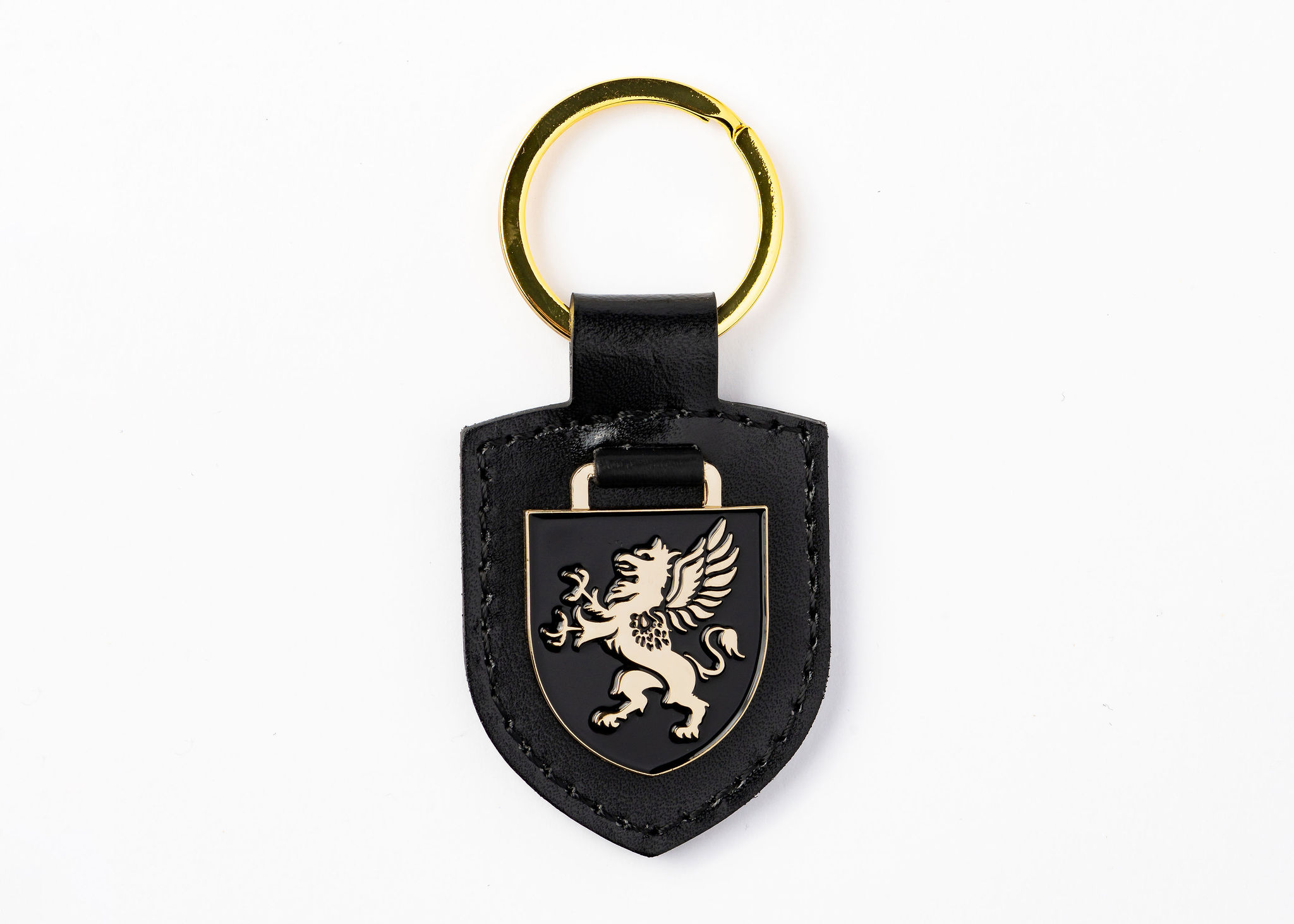 Shield keyring in black faux leather with gold enamel griffin