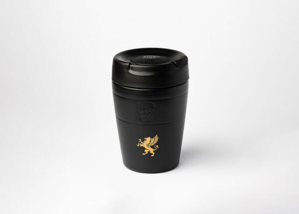 Black keepcup with gold griffin
