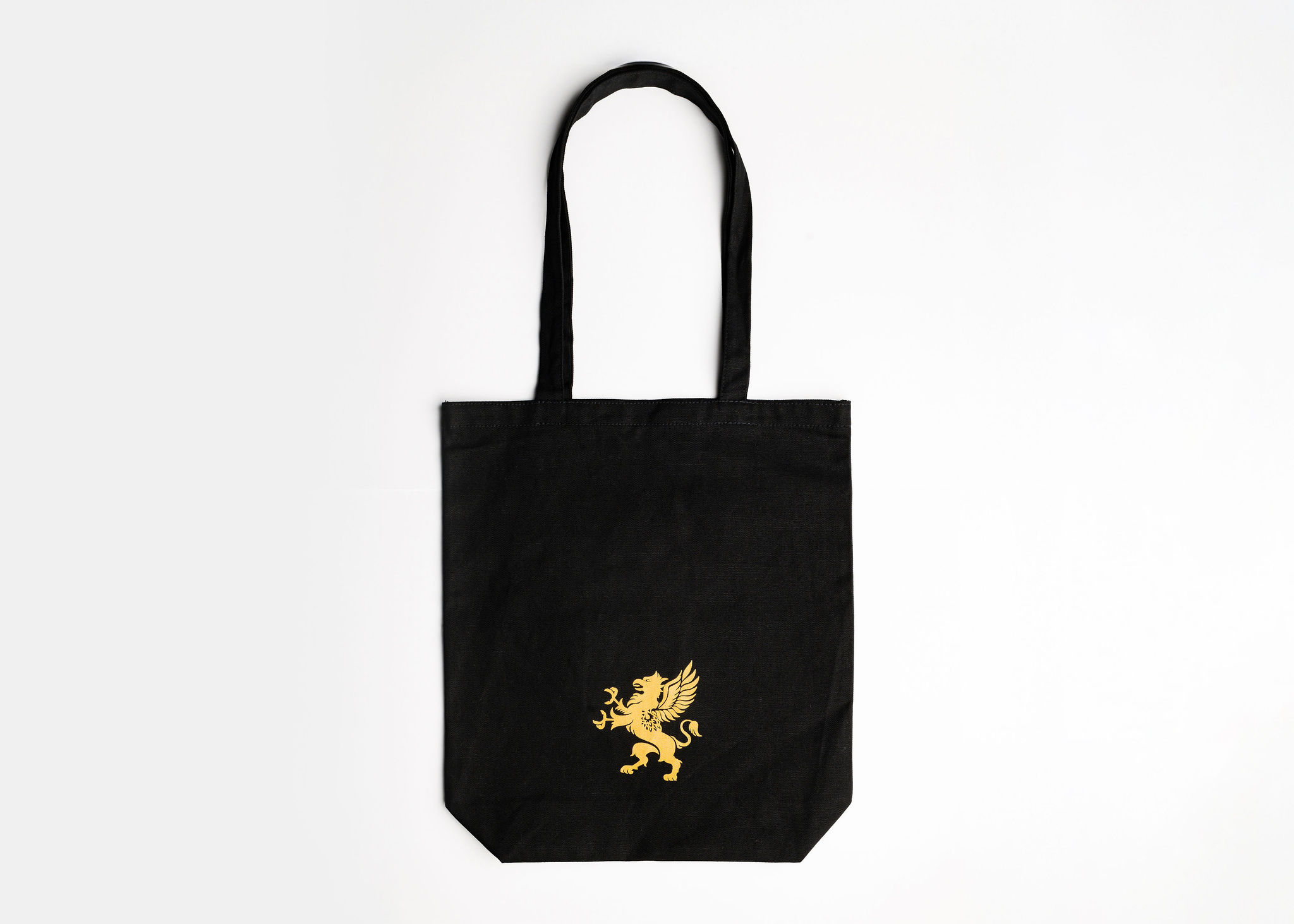 Black tote bag with gold griffin