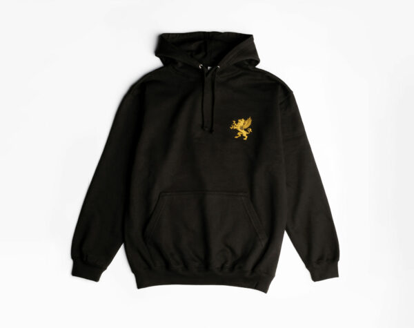 Black hoodie gold logo on white background
