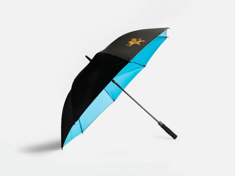 An umbrella with a black and light blue color scheme is displayed against a plain white background. The umbrella features an emblem of a golden griffin on one panel of the umbrella. The handle is sleek and black. The umbrella is positioned at an angle.