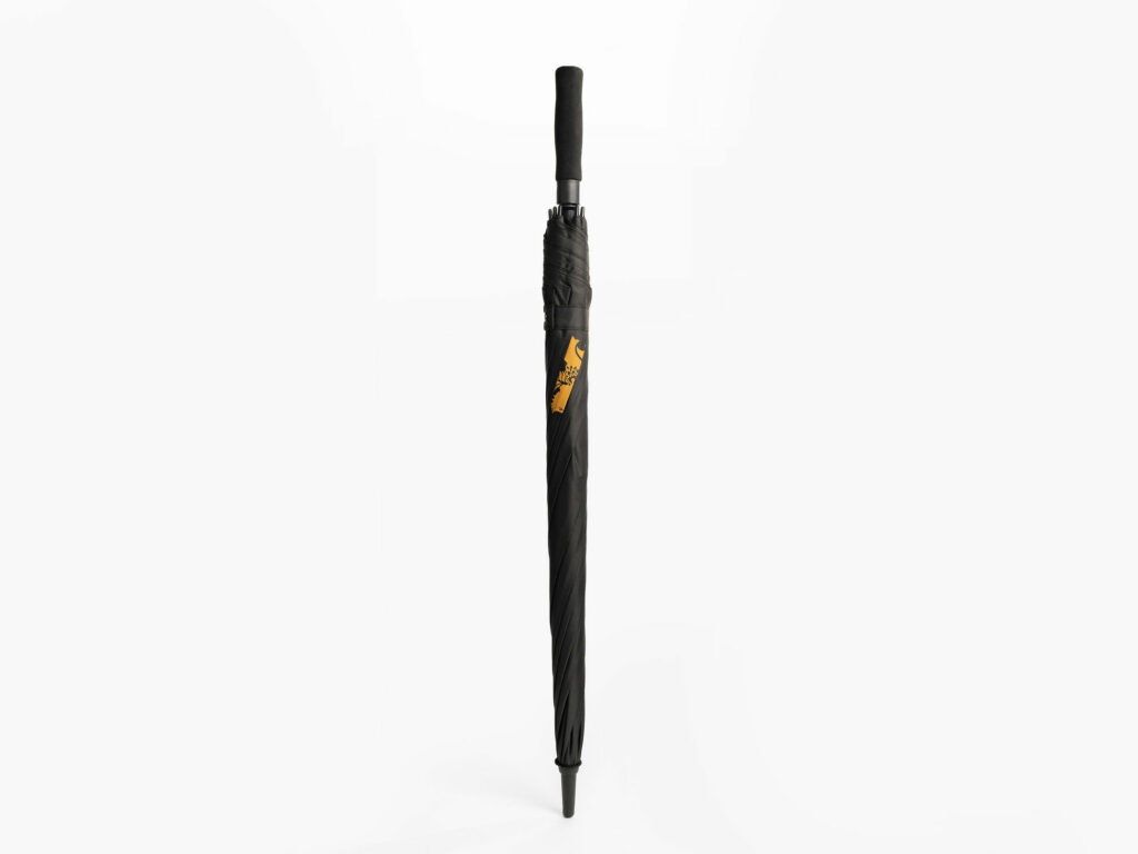 A sleek, black umbrella is displayed against a plain white background. The umbrella is closed and features a gold emblem of a griffin on the shaft. The handle is also black