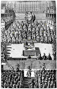 Black and white illustration of Kings Charles I on trial