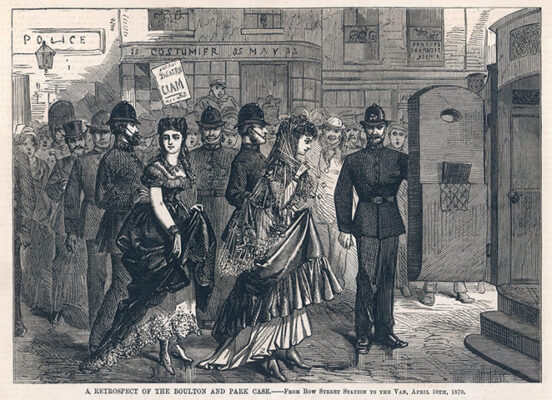 Black and white illustration of Victorian people being arrested