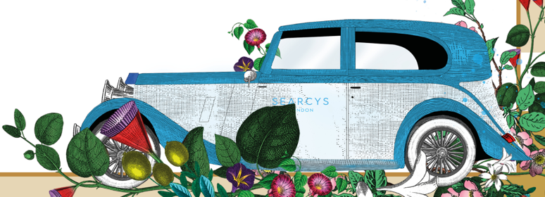 Illustration of a blue rolls royce surronded by flowers