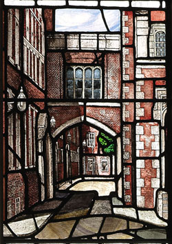 Picture of the Chapel window showing the pre-war bridge