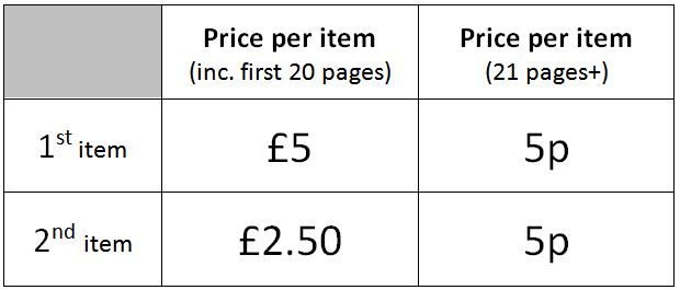 Document supply service Barristers pricing table