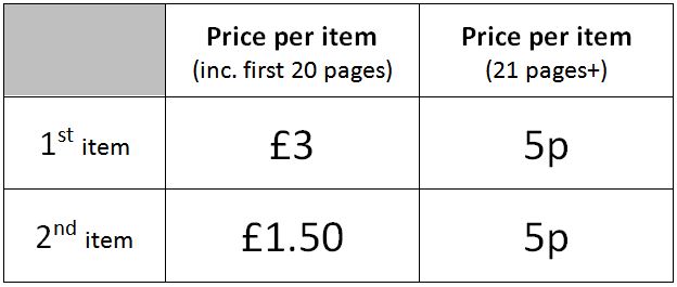 Document supply service Student pricing table